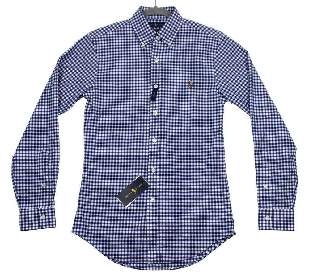 Ralph Lauren Shirt Mens XS Blue Check Slim Fit Stretch Oxford Button Down New